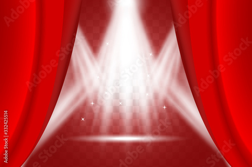 Illuminated scene behind ajar red curtain. Spotlights vector effect. Spotlights lighting design template, empty scene.