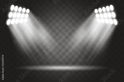 Stadium lights effect on a transparent background. Spotlights realistic vector illustration. Lighting design template, empty scene.
