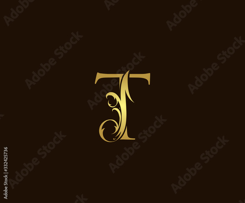 Gold T Luxury Logo Icon, Classic T Letter Design.