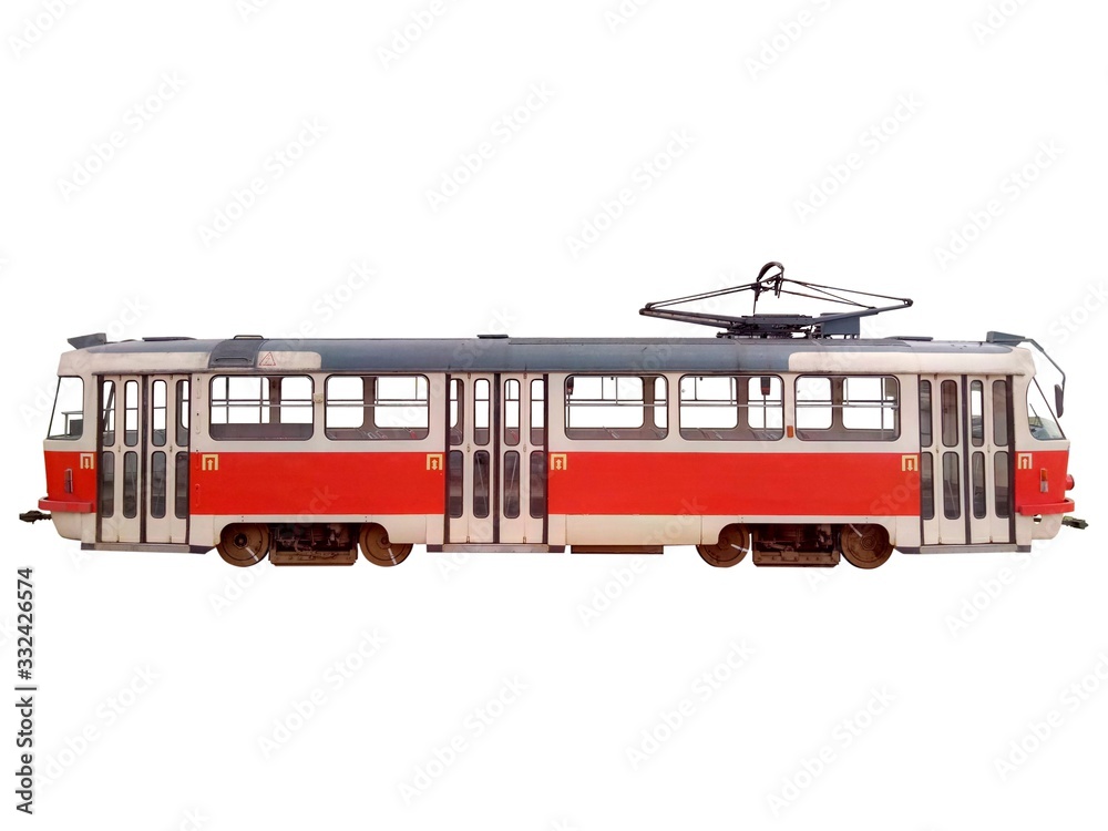 Red tram isolated on white - obrazy, fototapety, plakaty 