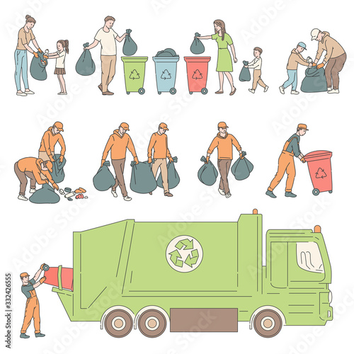 People sorting garbage and send truck for recycling. Volunteers clean environment from trash vector set sketch line illustrations.