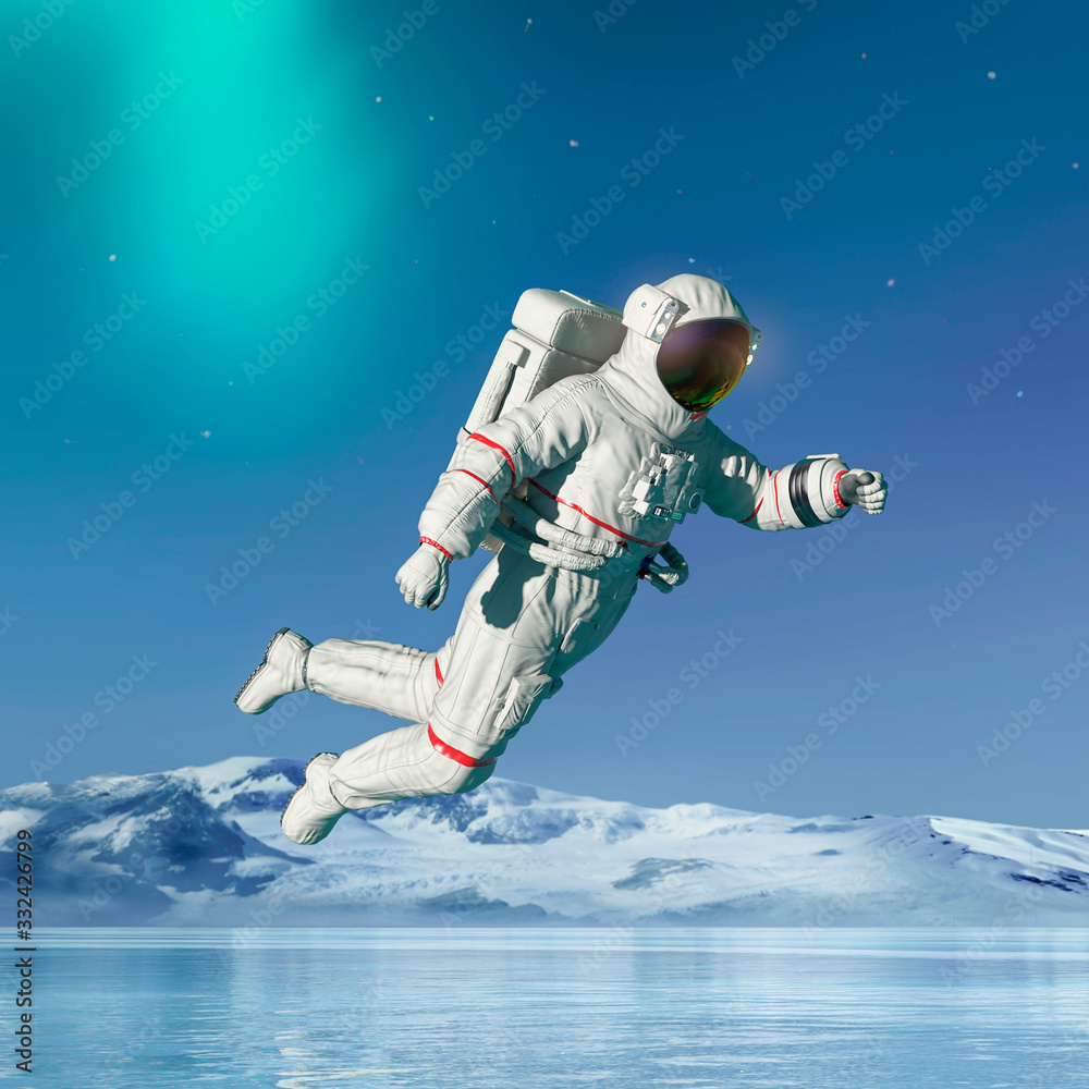 astronaut in another planet is floating in the air on the ice lake in square view astronaut in another planet is floating in the air on the ice lake in square view