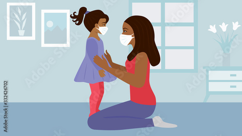 Mother wearing medical mask protection for her daughter at home. Stop infection. Coronavirus quarantine. Stay at home