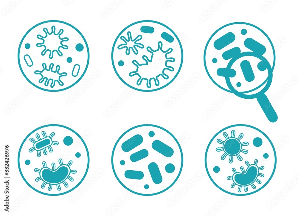 Vector flat set of viruses, bacteria, biology cell icons isolated on white background. Symbols of virology, epidemiology, medical research, treatment of diseases and the fight against viral infection. Vector flat set of viruses, bacteria, biology cell icons isolated on white background. Symbols of virology, epidemiology, medical research, treatment of diseases and the fight against viral infection.