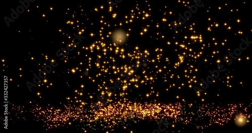 Golden confetti bokeh lights on the black background. 3d illustration