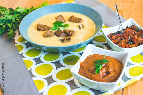 Delicious homemade cream soup from patatos, bio organic food