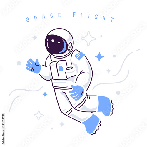 Vector creative illustration of astronaut making spacewalk. Cosmonaut in spacesuit exploring outer space on white background with star.