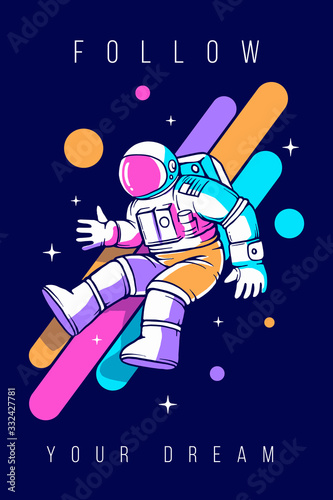 Vector fashion illustration of cosmonaut in spacesuit exploring outer space with color line. Astronaut making spacewalk on dark background with star.