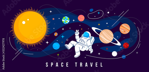 Vector creative illustration of cosmonaut in spacesuit exploring outer space with planet of solar system and sun. Astronaut flying in zero gravity on dark background.