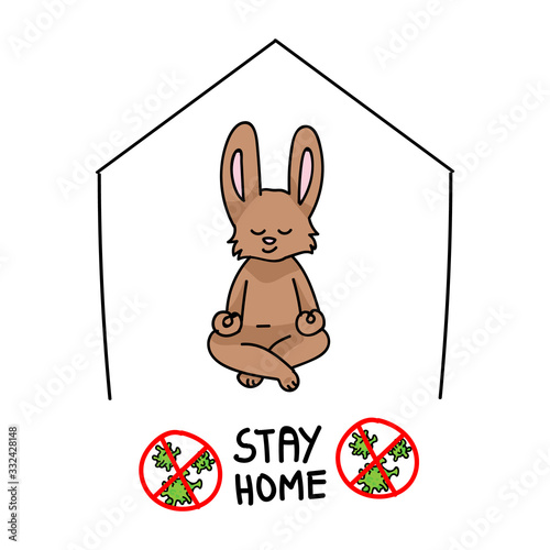 Corona virus covid 19 stay home cute bunny in self quarantine activity infographic. Self isolate support. Rabbit meditating graphic. Viral isolation information. Vector caution sars cov 2 help.