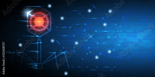 Abstract technology background with glowing virus, binary code and circuit pattern, sparkle effect.