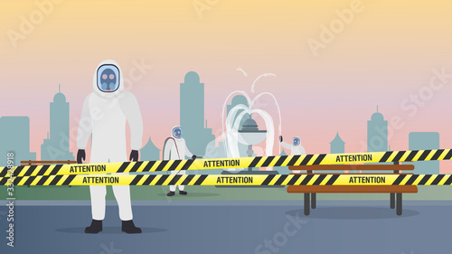 People in protective suits from the virus. The city is in quarantine. Coronavirus in the city. Yellow ribbons with black stripes. Vector illustration
