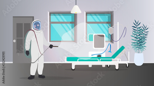 A man in a white protective suit disinfects a hospital room. Hospital, ward, a man in a protective suit. Vector.