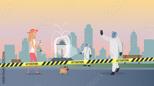 People in protective suits from the virus. The city is in quarantine. Coronavirus in the city. Yellow ribbons with black stripes. Vector illustration
