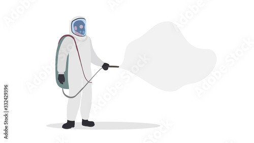 A man in a white protective suit is isolated on a white background. A man in a protective suit sprays an antidote. Vector flat style.