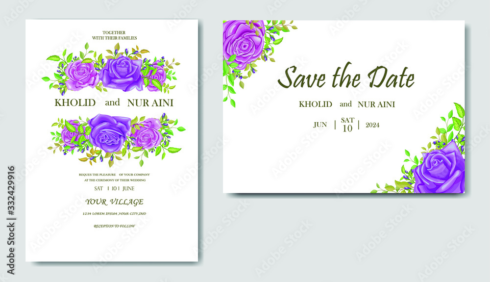 Wedding card invitation design with purple rose