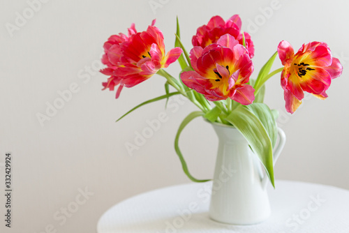 Wallpaper Mural Fresh red tulip flowers bouquet in a white vase on white background. Copy space. Valentine Day, Mothers day, birthday concept. Side view Torontodigital.ca