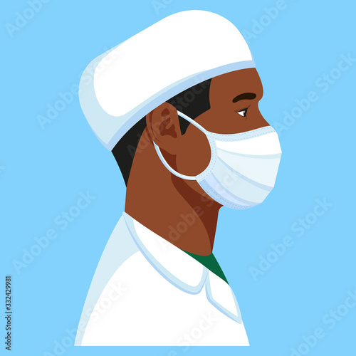 African American man physician in a medical cap with medical face mask avatar. Healthcare personal. Therapist. Hospital nurse. Pharmacy staff. Veterinarian. Vector Illustration.