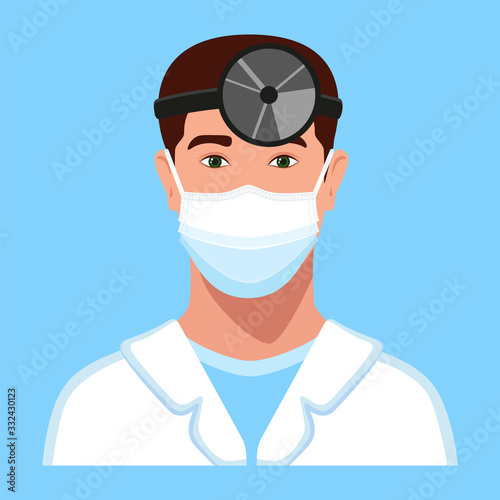 European, American man ENT with medical face mask and head reflector avatar. Healthcare personal. Therapist. Hospital nurse. Vector Illustration.