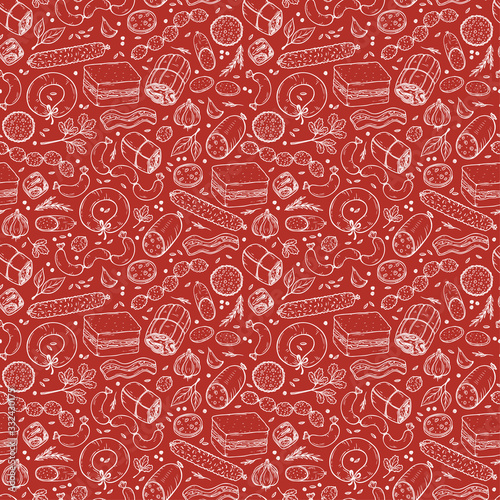 Vector Food background. Sausages Seamless pattern. Vector Meat products: Ready sausage, bacon, sliced saveloy, sausage, spicy pepperoni, smoked sausages, salami, baked meatloaf, frankfurters