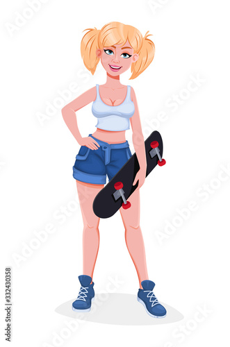 Beautiful young urban girl with skateboard