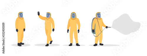 Set of people in yellow protective suits. Man in a dry suit isolated on white ofne. Suit from virus and radiation. Vector.