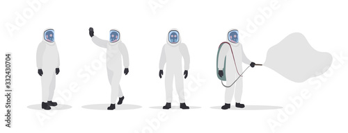 Set of people in white protective suits. Man in a dry suit isolated on white ofne. Suit from virus and radiation. Vector.