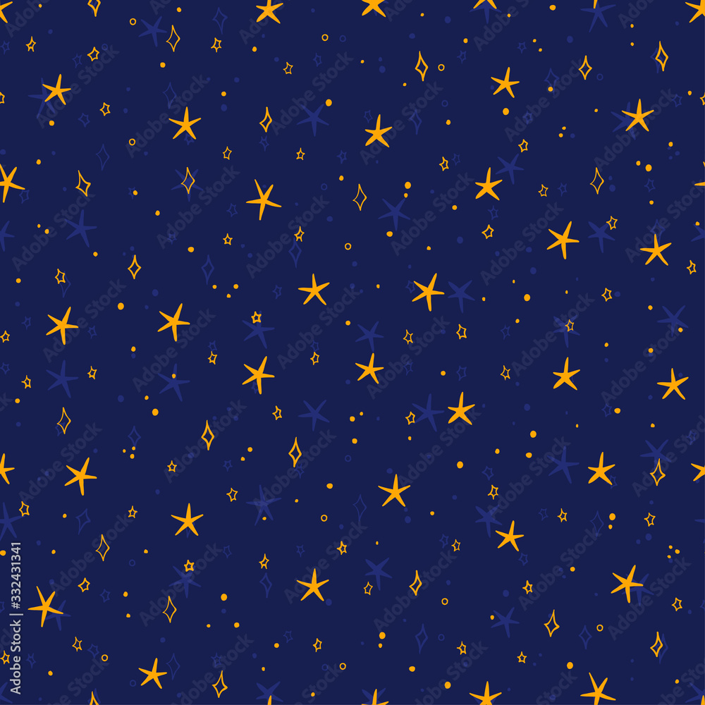 Fototapeta premium Hand Drawn doodle Stars Seamless Pattern. Vector Holiday and Birthday Design Elements. Starry sky background. Festive dark blue Background