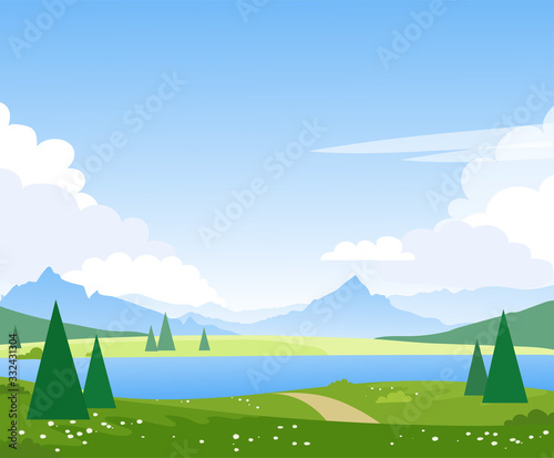 Beautiful summer mountain landscape with a lake. Spring fields and meadows with a river. Illustration for the design of tourism, travel, adventure. Vector
