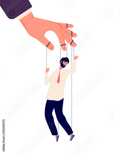 Puppet businessman. Manipulating human, hand control marionette. Politics, dictator manipulator concept. Vector business power illustration. Business puppet, businessman control leadership by string