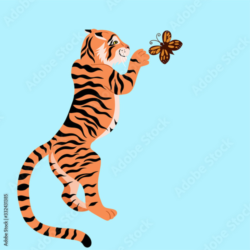 Fototapeta Naklejka Na Ścianę i Meble -  A tiger is playing with a butterfly. Vector graphics