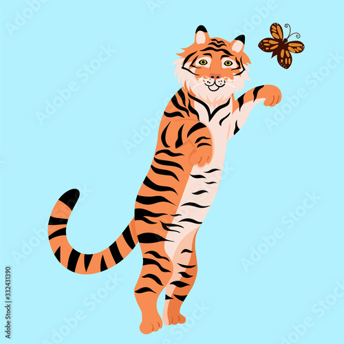 A tiger is playing with a butterfly. Vector graphics