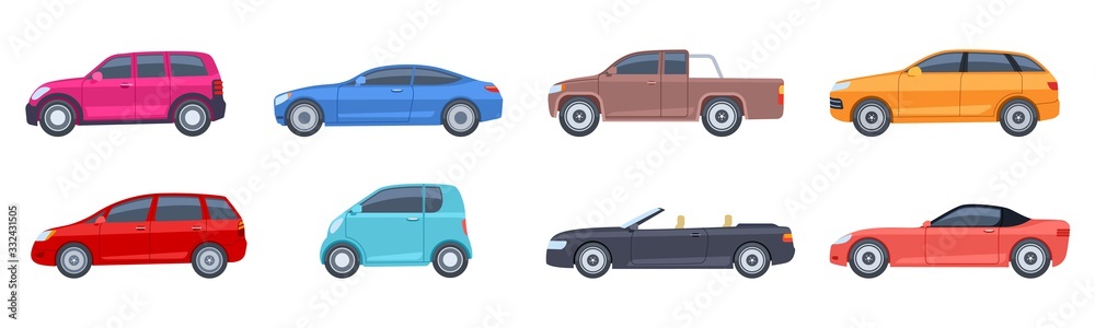 Flat cars. View side automobiles model. Contemporary suv and hatchback, pickup and sedan. Isolated vector icons. Automobile side car, transportation comfortable cabriolet or coupe model illustration