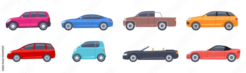 Flat cars. View side automobiles model. Contemporary suv and hatchback, pickup and sedan. Isolated vector icons. Automobile side car, transportation comfortable cabriolet or coupe model illustration Flat cars. View side automobiles model. Contemporary suv and hatchback, pickup and sedan. Isolated vector icons. Automobile side car, transportation comfortable cabriolet or coupe model illustration