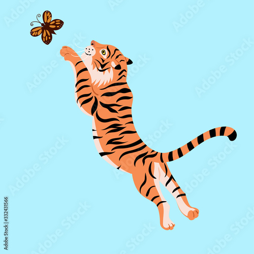 A tiger is playing with a butterfly. Vector graphics