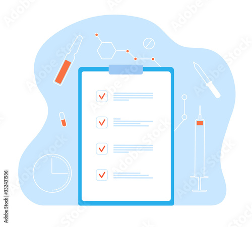 Medical record. Health id card, checklist diagnosis services. Health insurance or history patients. Clinical analysis list vector concept. Record patient medical, checklist form paper illustration