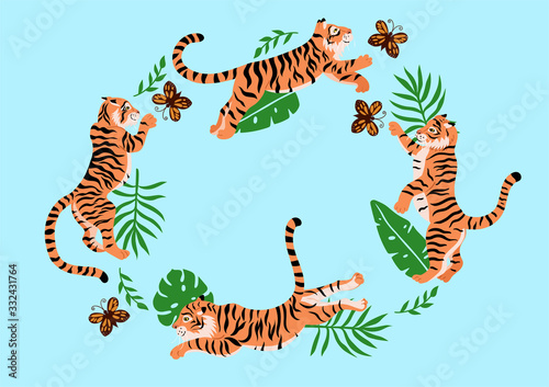 Set of tigers playing with butterflies and tropical leaves on a blue background. Vector graphics.