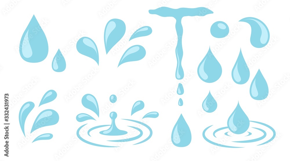Water drops. Cartoon tears, nature splash elements. Isolated raindrop or sweat, wet droplets of dew shapes. Isolated aqua vector icons. Rain and wet drop, droplet shape aqua blue illustration