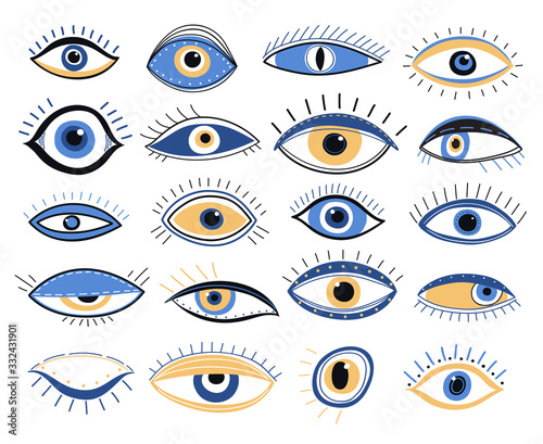 Evil eye. Graphic eyes elements, traditional energy talismans. Magic looking amulet, decorative alchemy occult mystic symbols vector signs. Spiritual amulet providence, esoteric oracle illustration