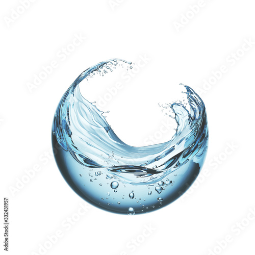 water liquid splash in sphere shape isolated on white background, 3d illustration. photo