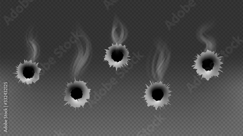 Bullet holes. Shoot gun, smoke effect or criminal illustration. Isolated on transparent background military vector elements. Gun bullet hole, metal and military torn effect from shoot photo