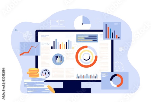 Financial report and accounting. Audit, investment success or tax reports. Computer screen, charts and graphs. Account business programm vector illustration. Analysis audit management infographic
