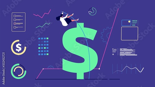 Woman financial success. Businesswoman jumps over money, business and profitable investment. Female analysis finance, career growth vector illustration. Businesswoman jumping, infographic finance