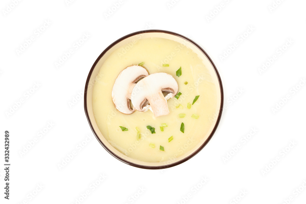 Bowl with mushroom soup isolated on white background