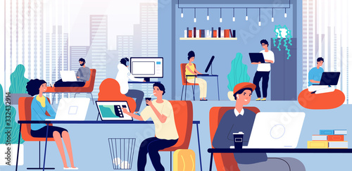 Coworking space. Smart corporate company. Meeting smiling creative people. Freelance coworkers, young businessman team vector illustration. Business people company, office coworking, freelance