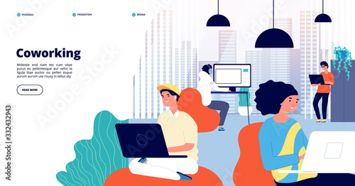 Coworking landing page. Office people, freelance professionals discuss. Perfect working space or creative startup. Modern job vector banner. Illustration coworking freelance workplace, business space