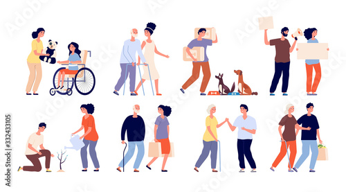 Volunteers helping. Helper groups, social organization worker. Charity for dog, plants and kids. Donations, volunteering activity vector set. Helper worker, volunteer and assistance illustration
