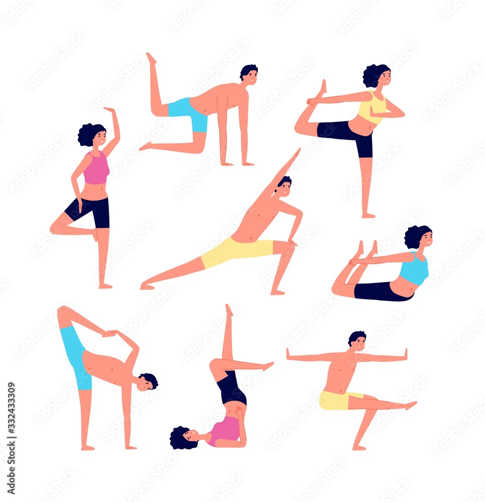 Yoga exercise. Fitness therapy, healthy stretch yoga poses and woman  treatment stretching exercises flat vector illustration set Stock Vector  Image & Art - Alamy