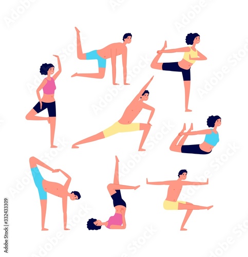 Yoga exercises. Adult exercising, fitness people. Male female stretching or pilates poses. Training for overweight, sport group vector set. Illustration yoga exercise, fitness healthy, health workout