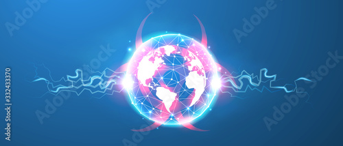 The world in a pandemic. Infection outbreak on Planet Earth. Global quarantine, biohazard danger. Low poly, wireframe 3d vector illustration. Abstract, polygonal image on blue neon background